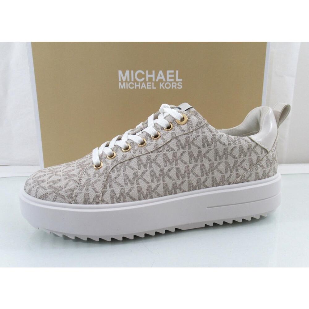 Michael Kors Emmett Lace up MK Logo Jacquard Sneakers Vanilla Beige Size 8 - Picture 2 of 10